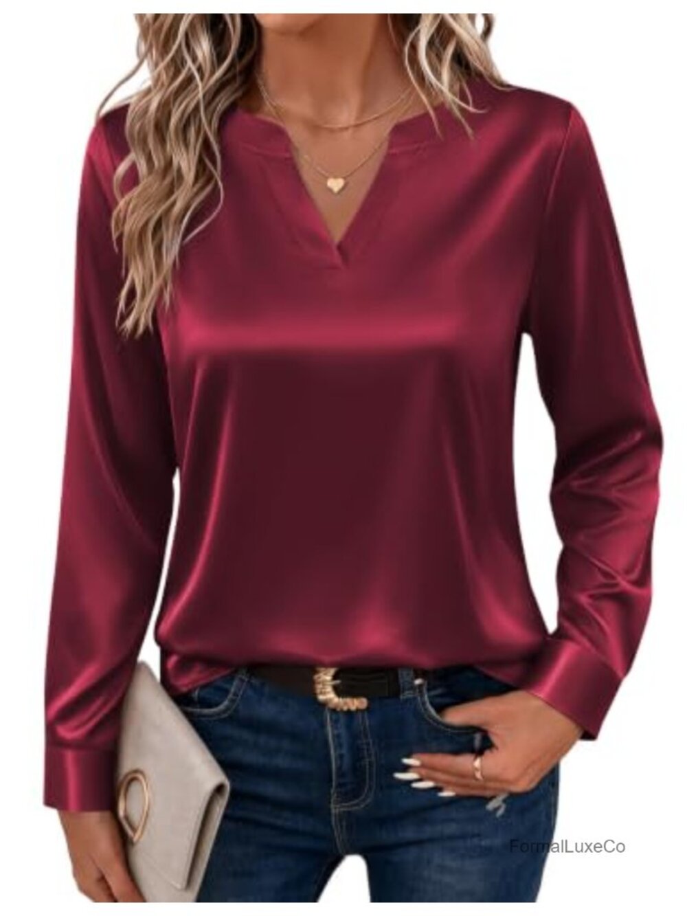 Satin V-Neck Long Sleeve Blouse - Elegant Semi-Formal Top
